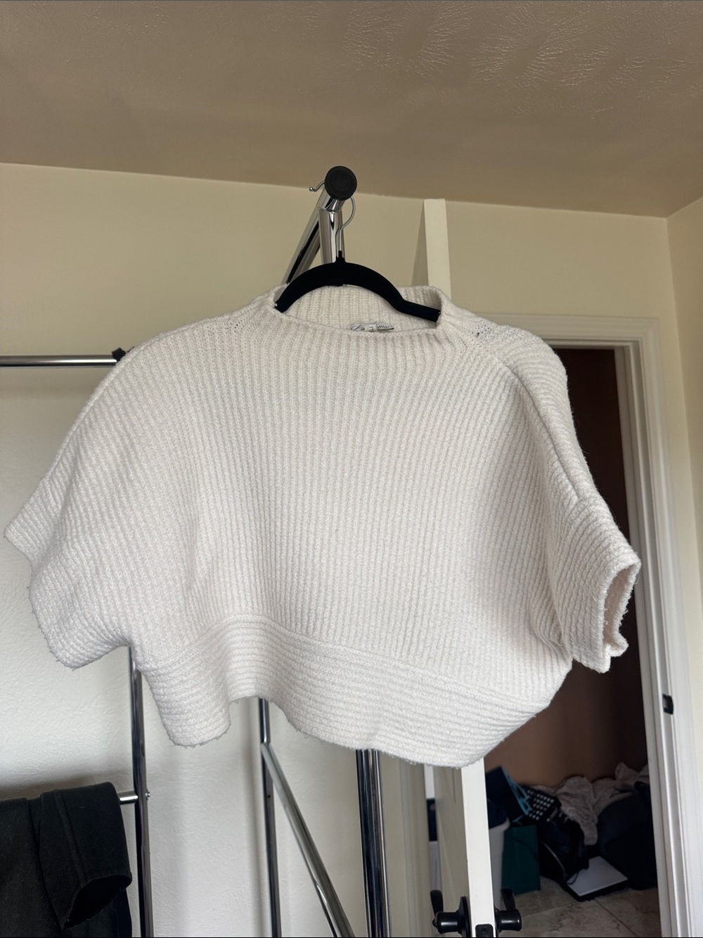 L'Academie Cream Short-Sleeve Ribbed Knit Sweater